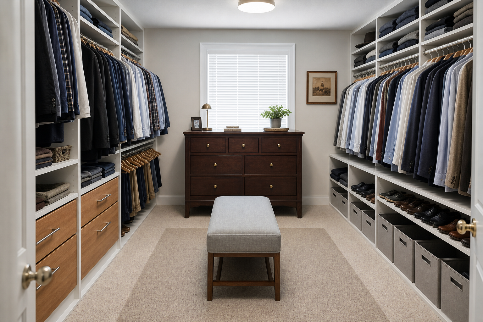 Vestidor organizado por tipo y color, con zapatero y cajas iguales